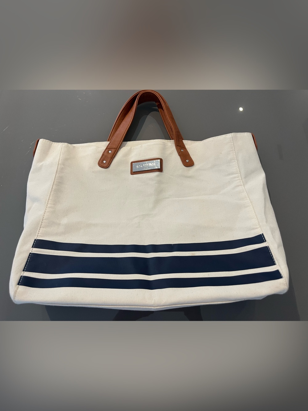 Sothys Paris Canvas Tote Bag with Navy Stripes and Brown Handles
